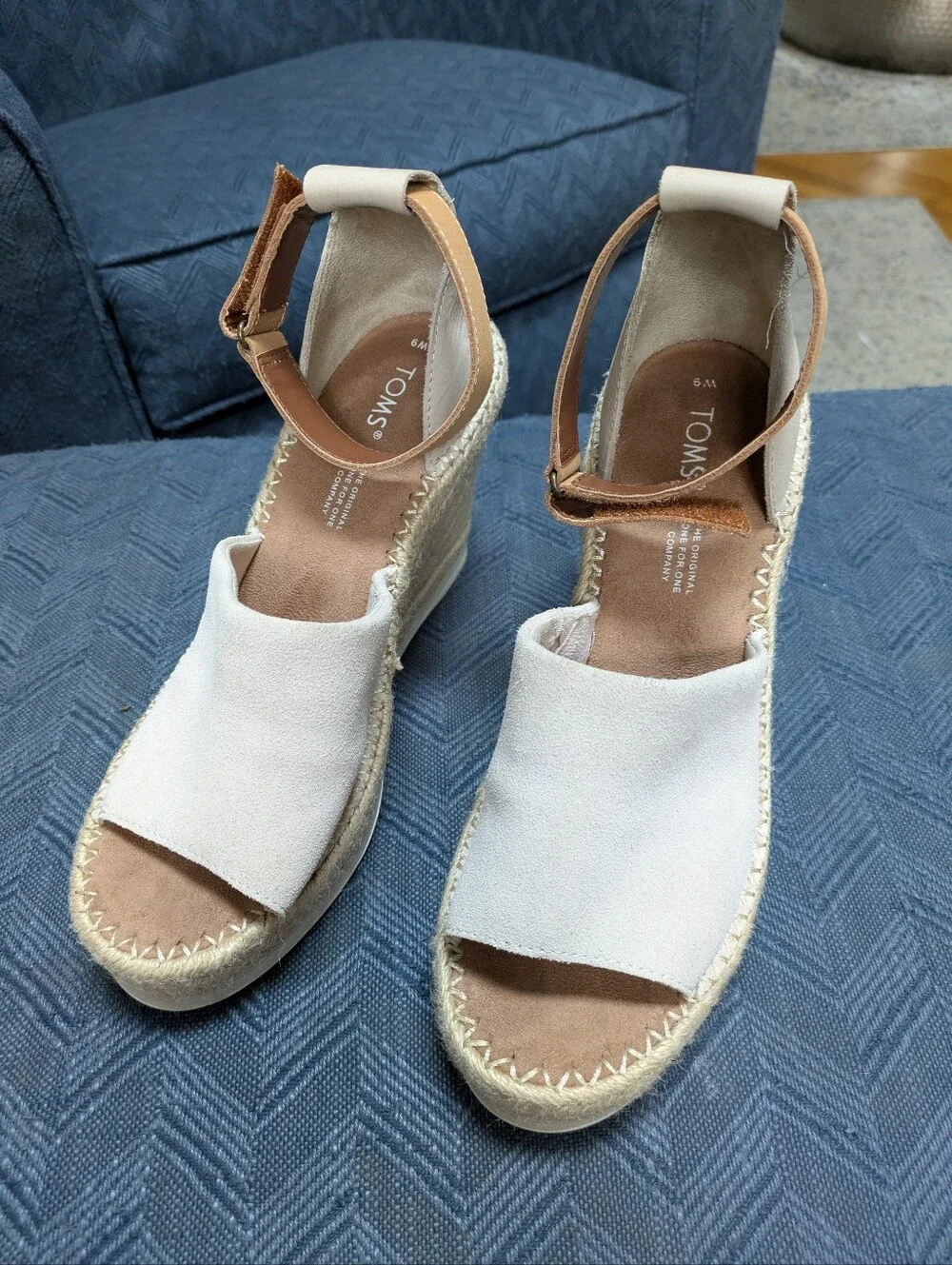 TOMS Cream Espadrille Wedge Sandals with Tan Ankle Strap
